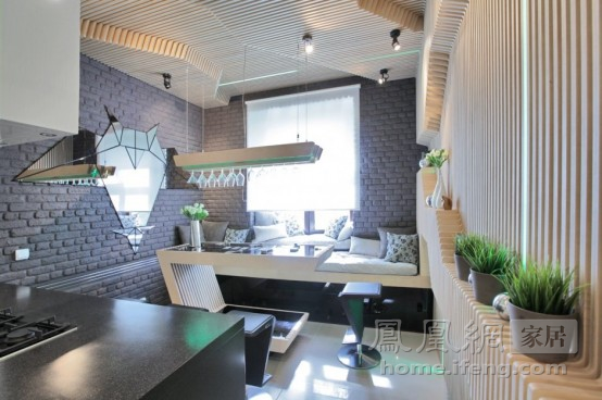 復(fù)古而科幻可變換燈光的未來廚房