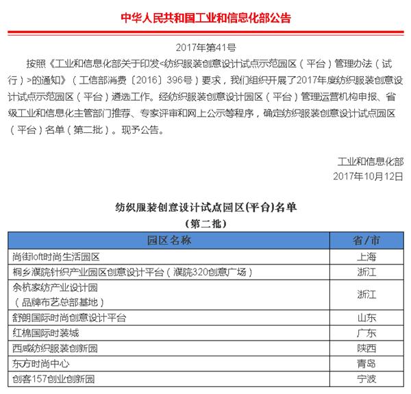 第二批紡織服裝創意設計試點園區(平臺)名單出爐
